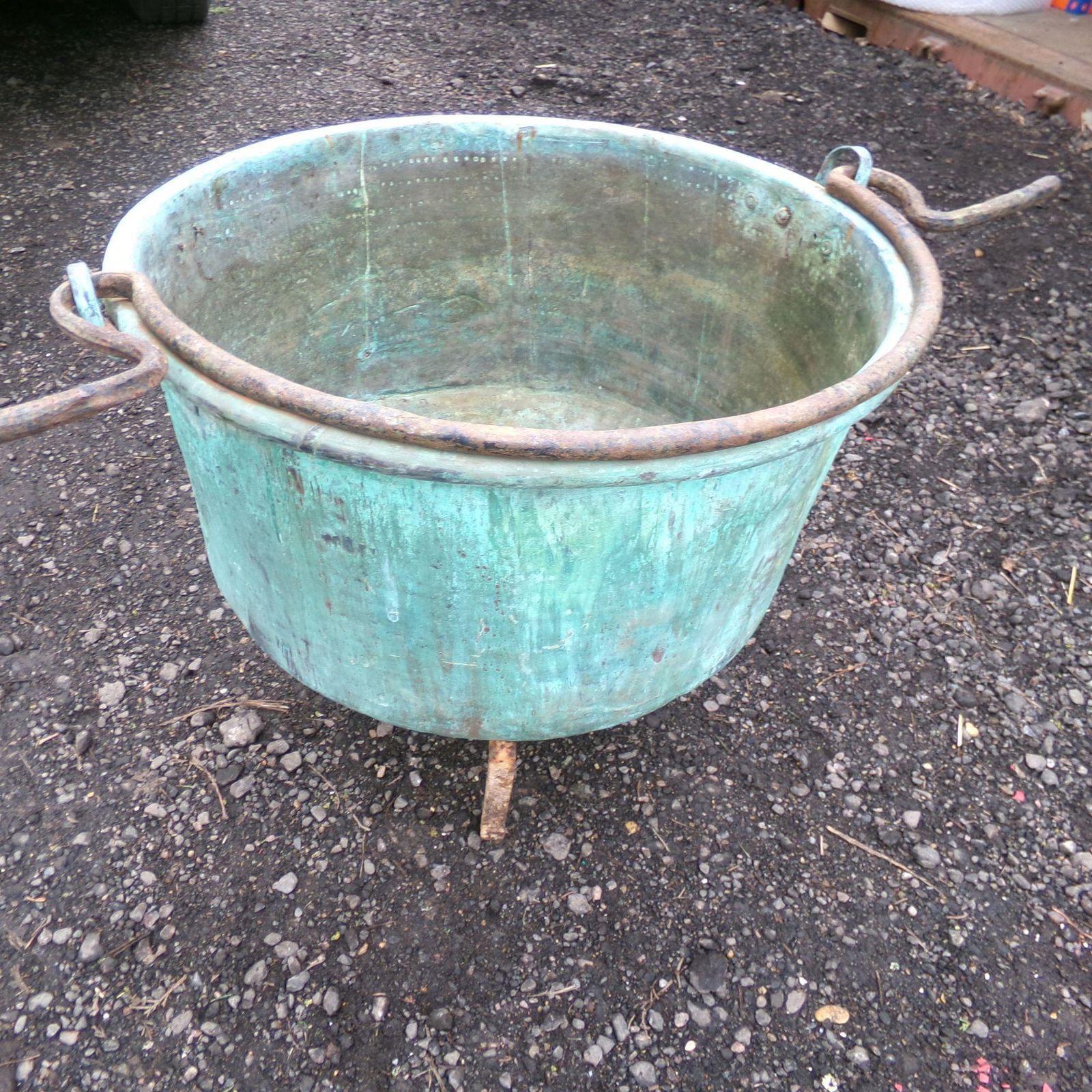 Huge Original Antique Hammered Copper Garden Planter On Wrought Iron Stand W/ Verdigris, Handle & Rivets photo vintage