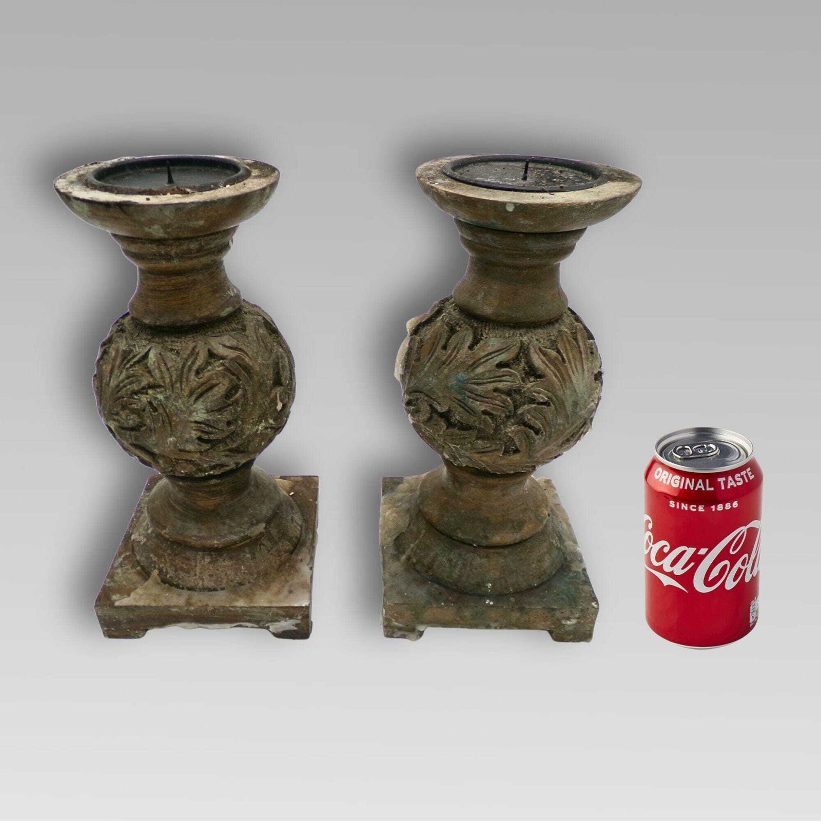 Fabulous Vintage Indian Hand Carved Bulbous Acanthus Leaf Pair Of Candle Sticks photo furniture