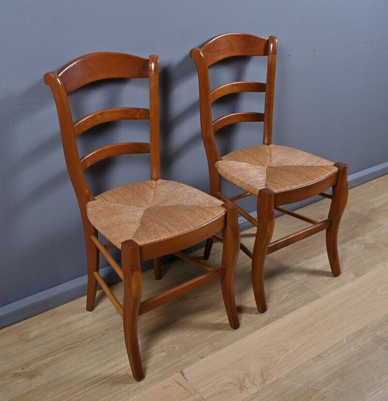 photo furniture Pair Of Cherrywood Straw Seated Chairs, Restoration Style – Mid 20th Century