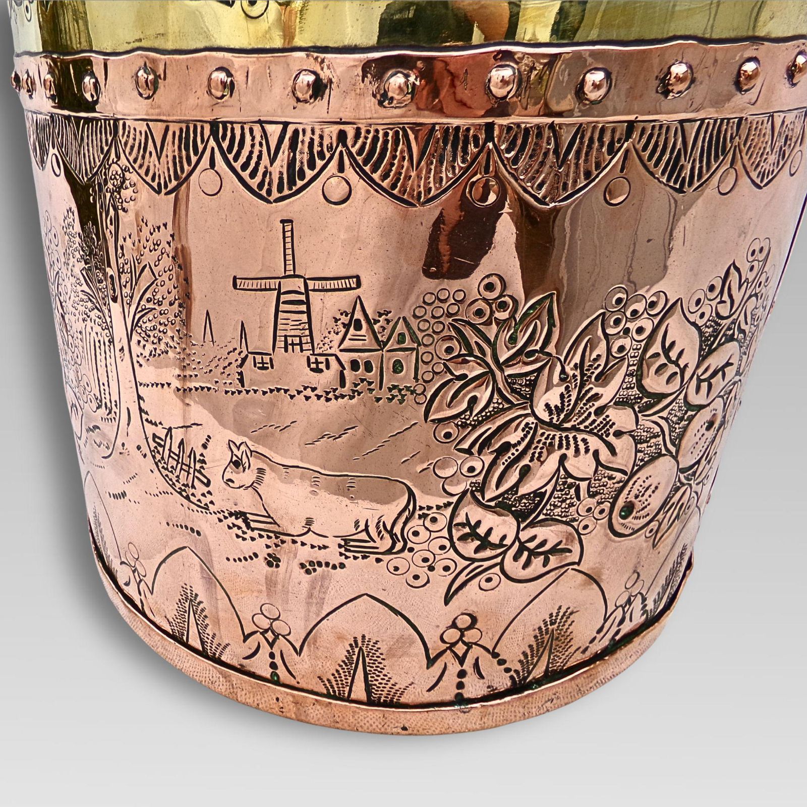 Unusual Antique 19th Century Arts And Crafts Continental Dutch Riveted Copper & Brass Coal Fireplace Log Bucket With Handle photo buy