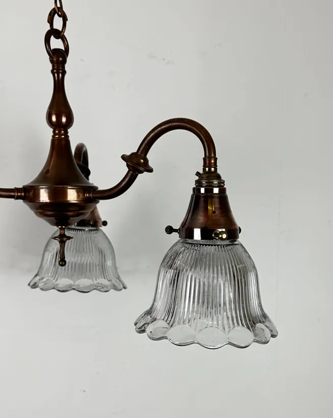 Three Arm Chandelier With Holophane Glass Shades (56220) photo for sale