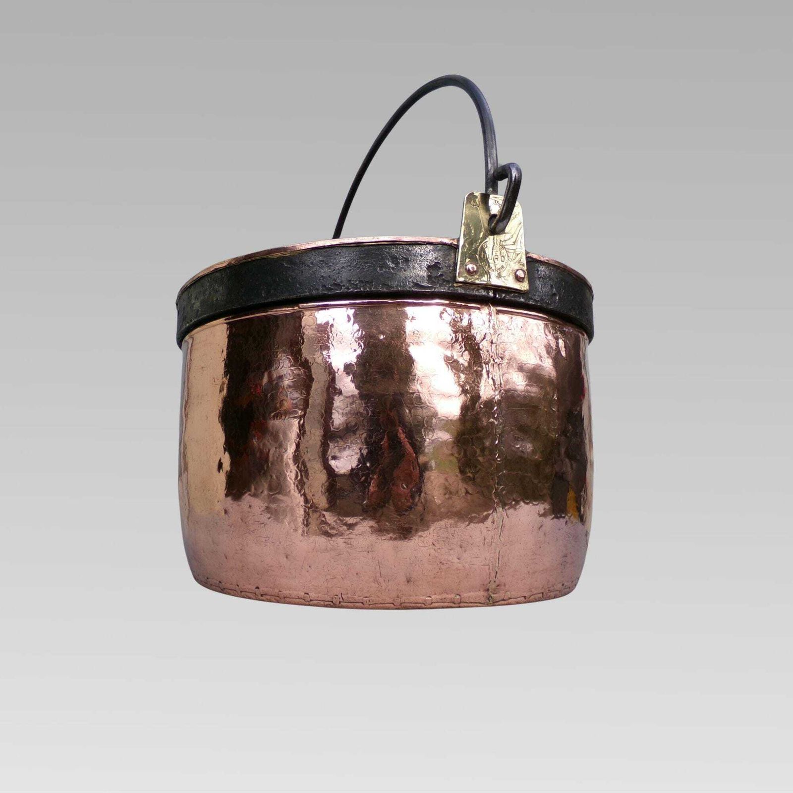 Large Antique 19th Century French Hammered Copper & Brass Wrought Iron Bound Log Bucket With Handle photo furniture