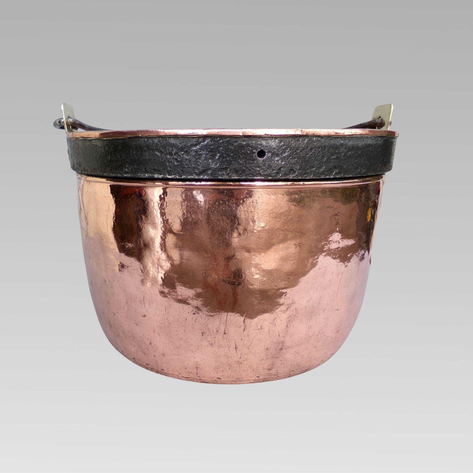 Large Antique 19th Century French Hammered Copper & Brass Wrought Iron Bound Log Bucket With Handle photo Home Decor