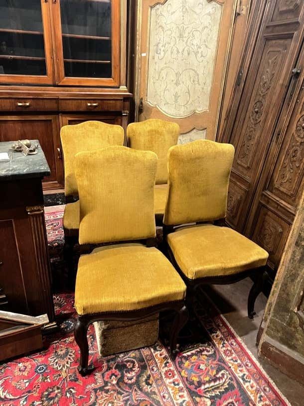 Six Of No. 4 Solid Walnut Chairs With Yellow Velvet Upholstery, Italy photo furniture