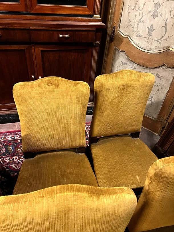 Six Of No. 4 Solid Walnut Chairs With Yellow Velvet Upholstery, Italy photo vinterior
