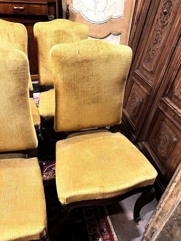 Six Of No. 4 Solid Walnut Chairs With Yellow Velvet Upholstery, Italy photo buy
