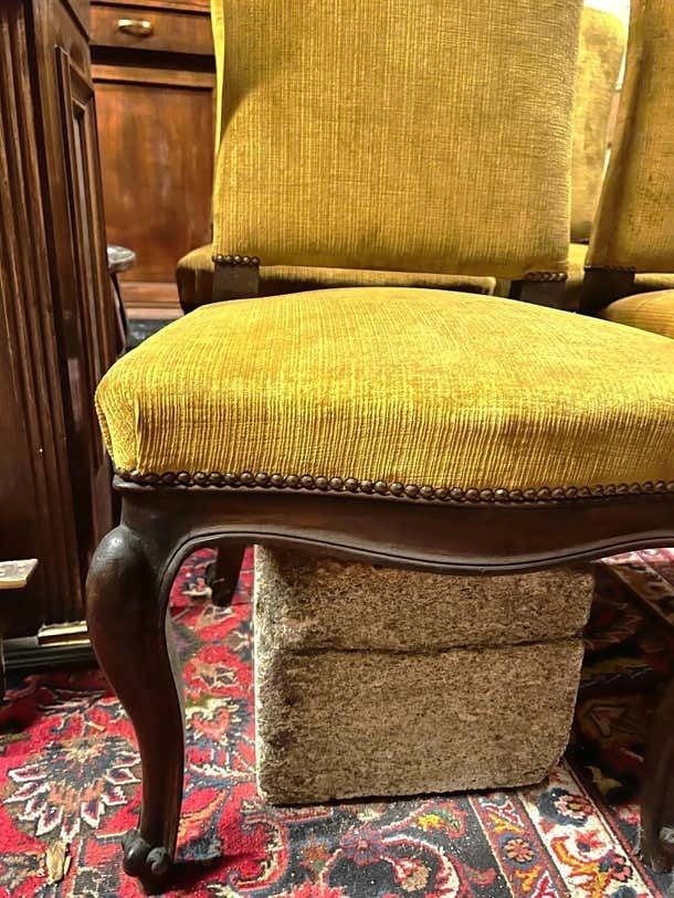Six Of No. 4 Solid Walnut Chairs With Yellow Velvet Upholstery, Italy photo vintage