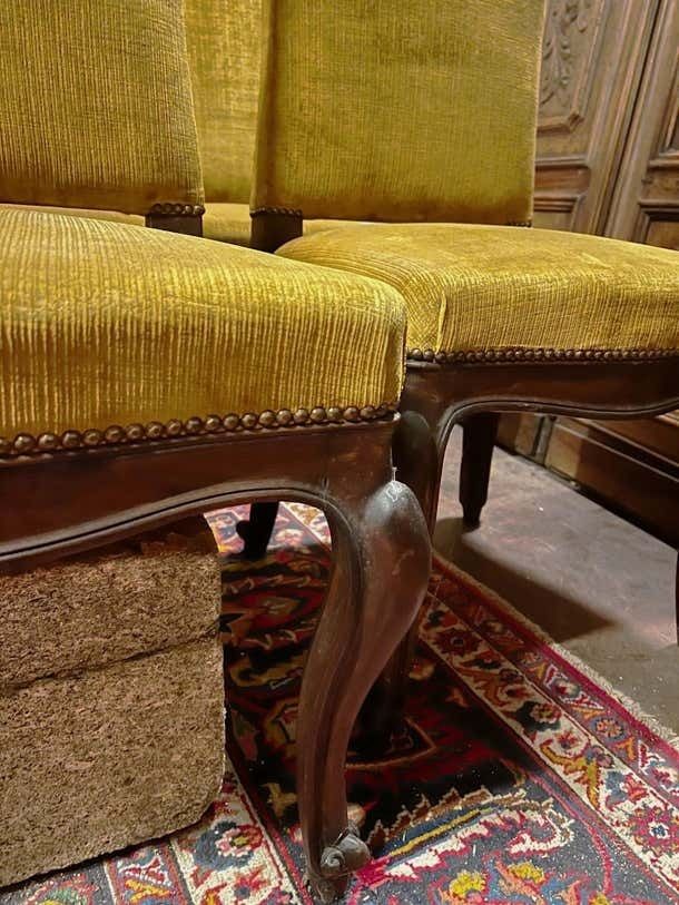 photo furniture Six Of No. 4 Solid Walnut Chairs With Yellow Velvet Upholstery, Italy
