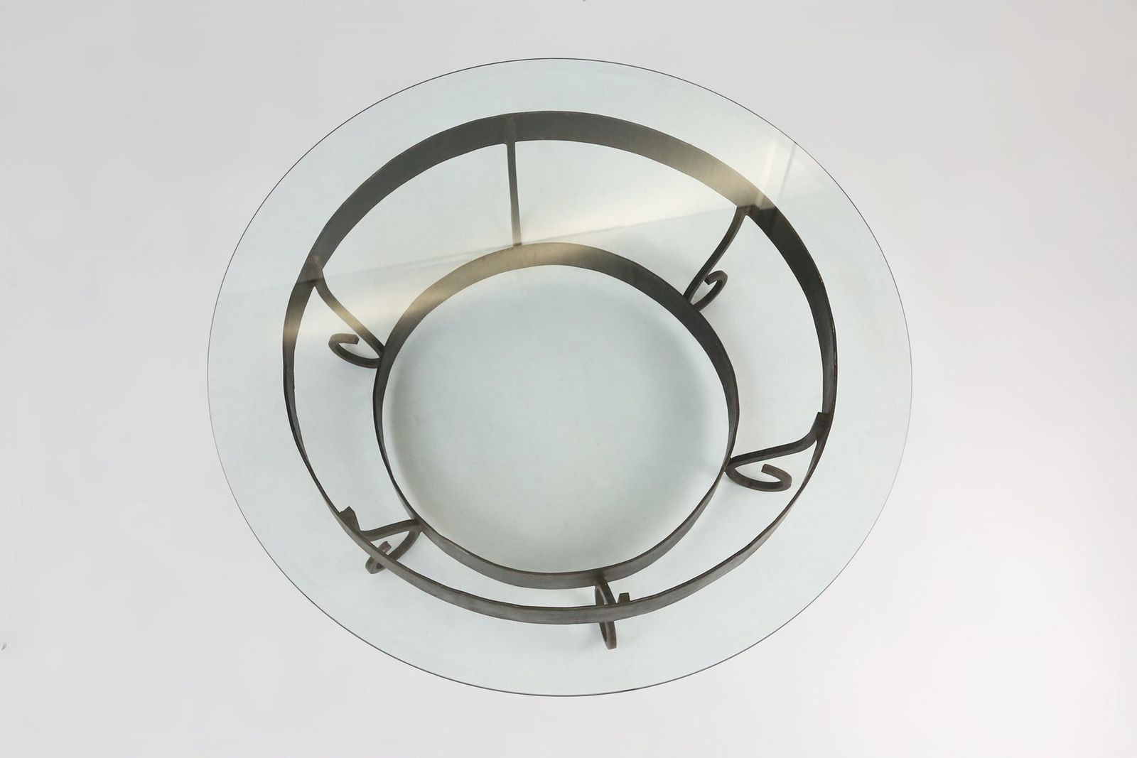 photo for sale Rustic Round Coffee Table With Wrought Iron Base And Glass Top, France, 1930s
