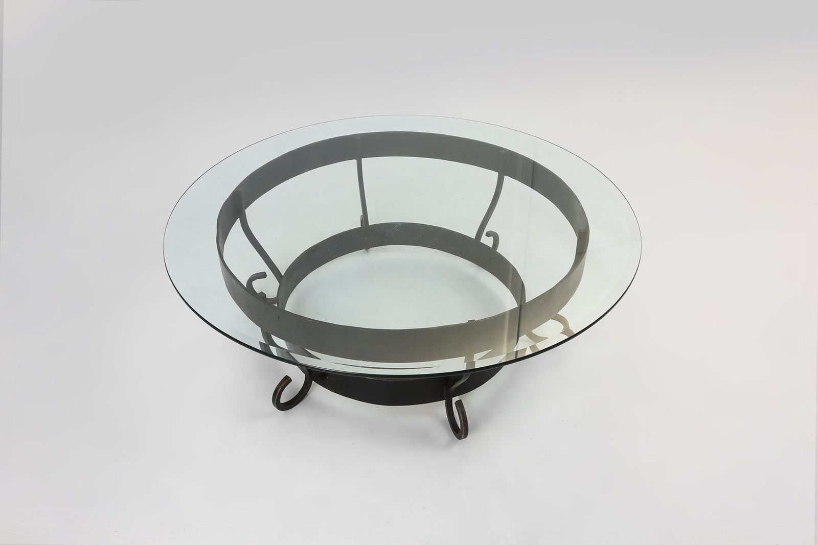 Furniture Rustic Round Coffee Table With Wrought Iron Base And Glass Top, France, 1930s photo