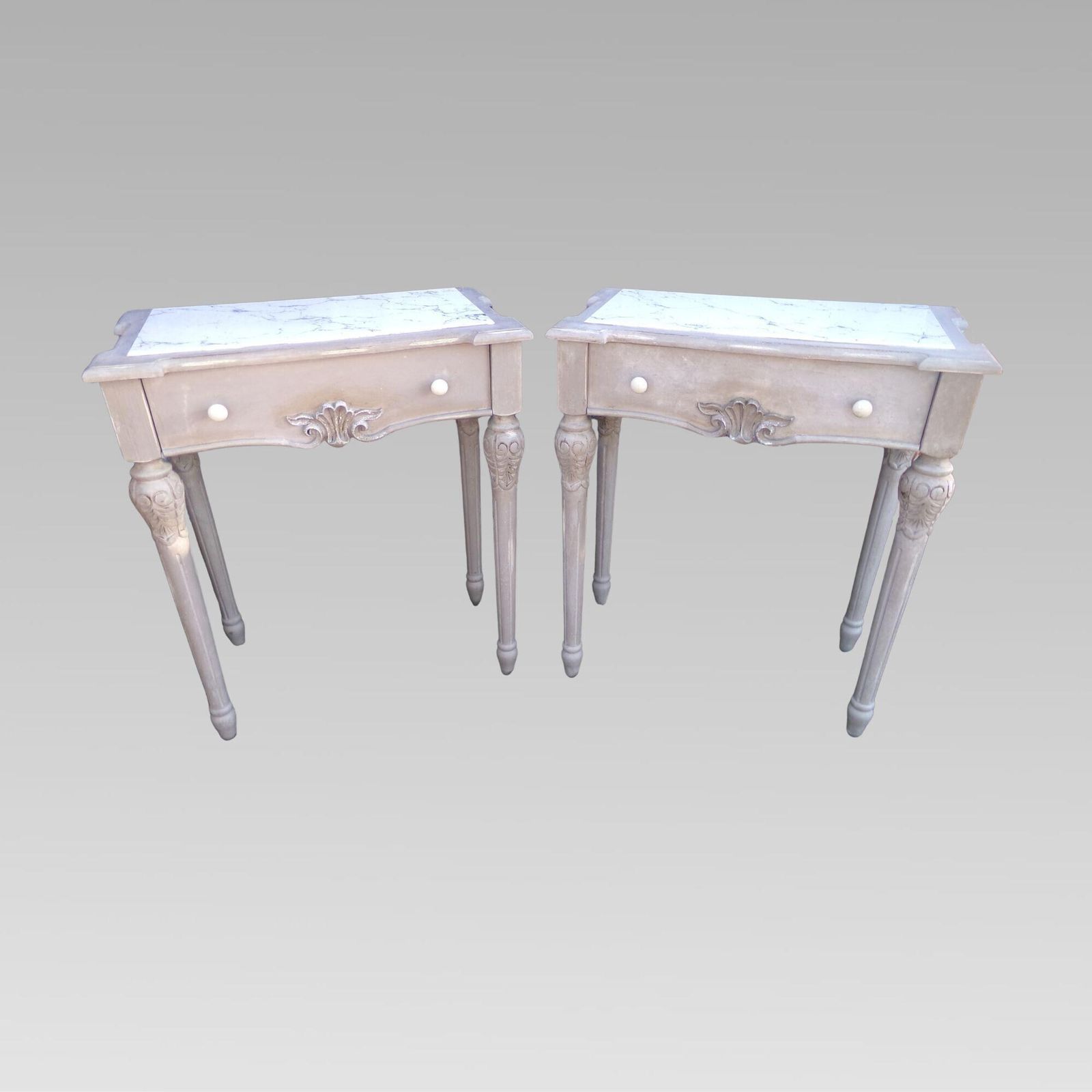 Original Quality Marble Inset Distressed Pair French Bedside Or Console Tables