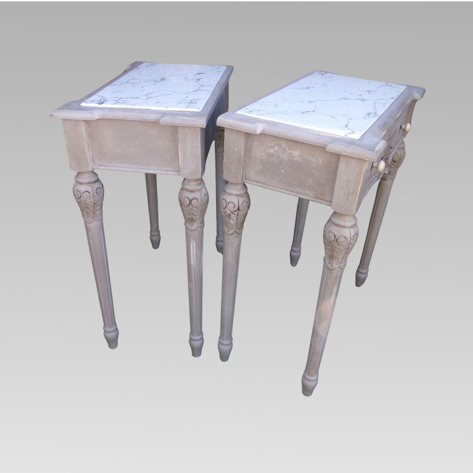 Original Quality Marble Inset Distressed Pair French Bedside Or Console Tables photo 675.0