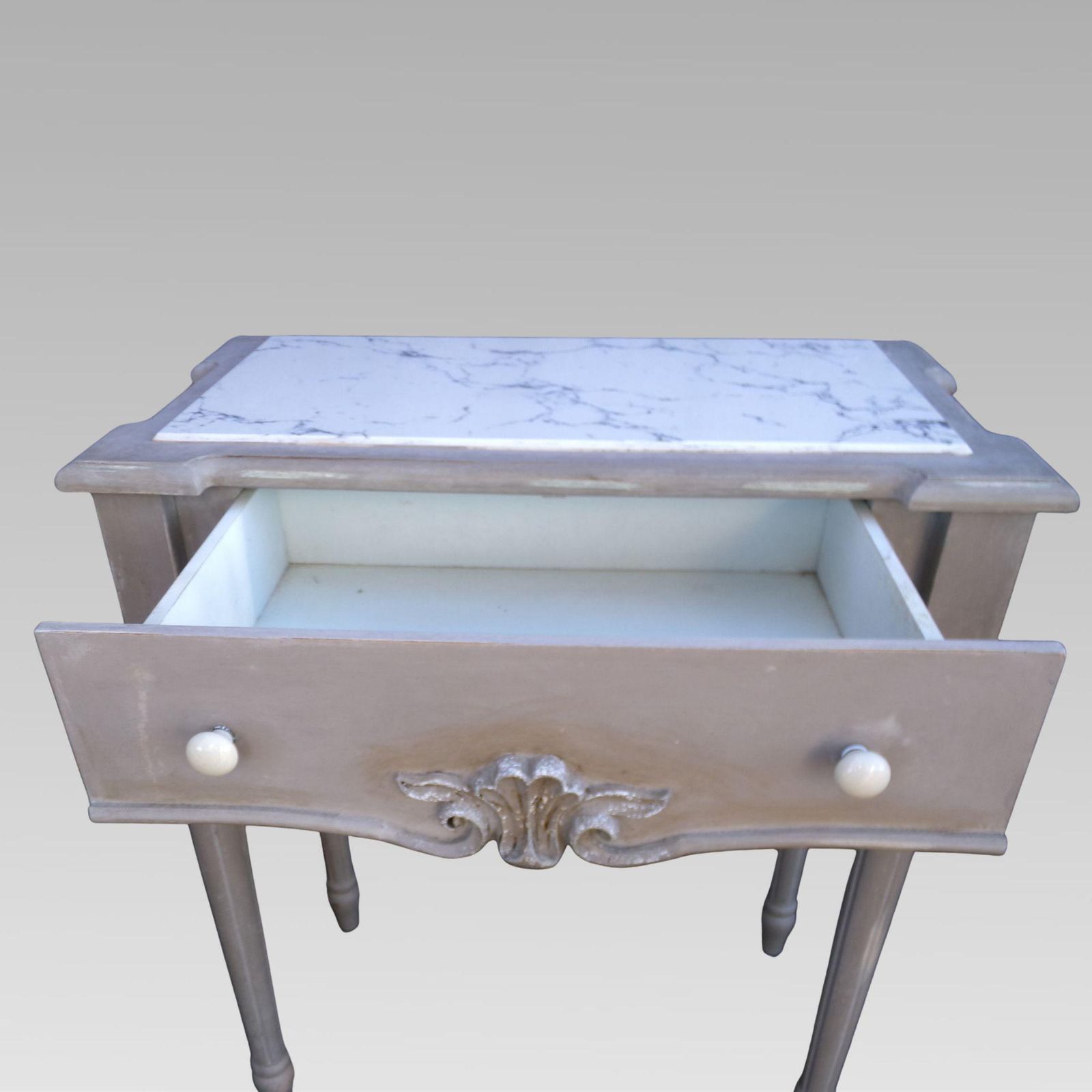 Original Quality Marble Inset Distressed Pair French Bedside Or Console Tables photo vinterior