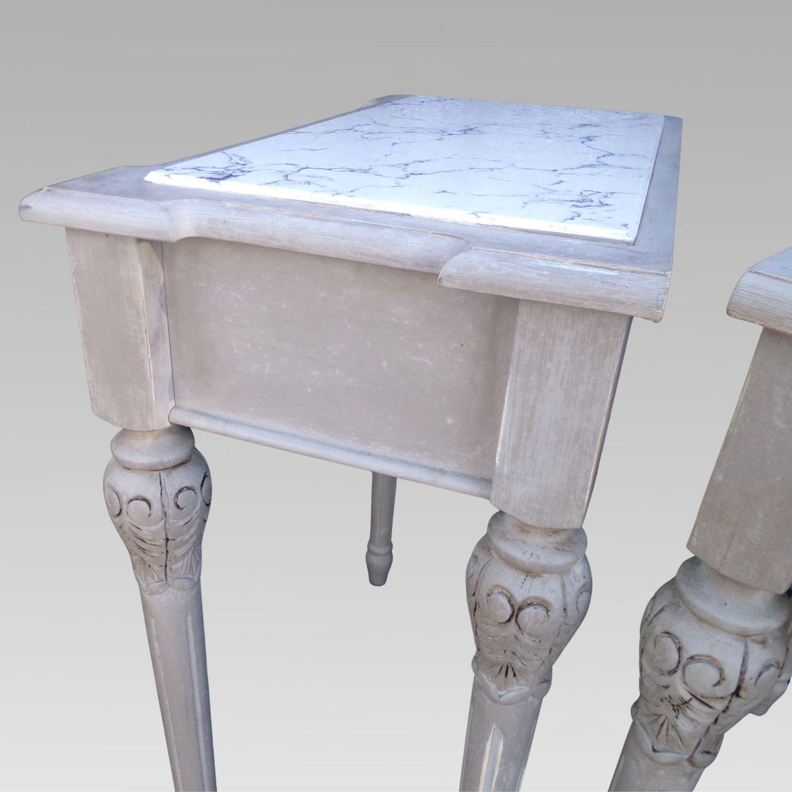 Original Quality Marble Inset Distressed Pair French Bedside Or Console Tables photo vintage