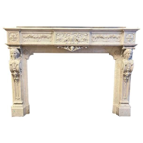Monumental Fireplace Frame Made Of Richly Carved White Marble, Italy