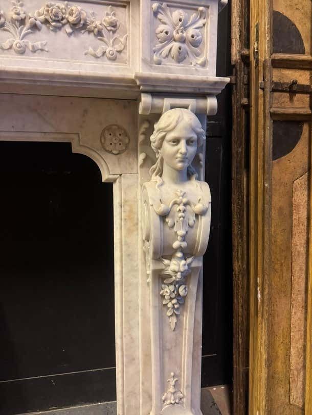 Monumental Fireplace Frame Made Of Richly Carved White Marble, Italy photo vinterior