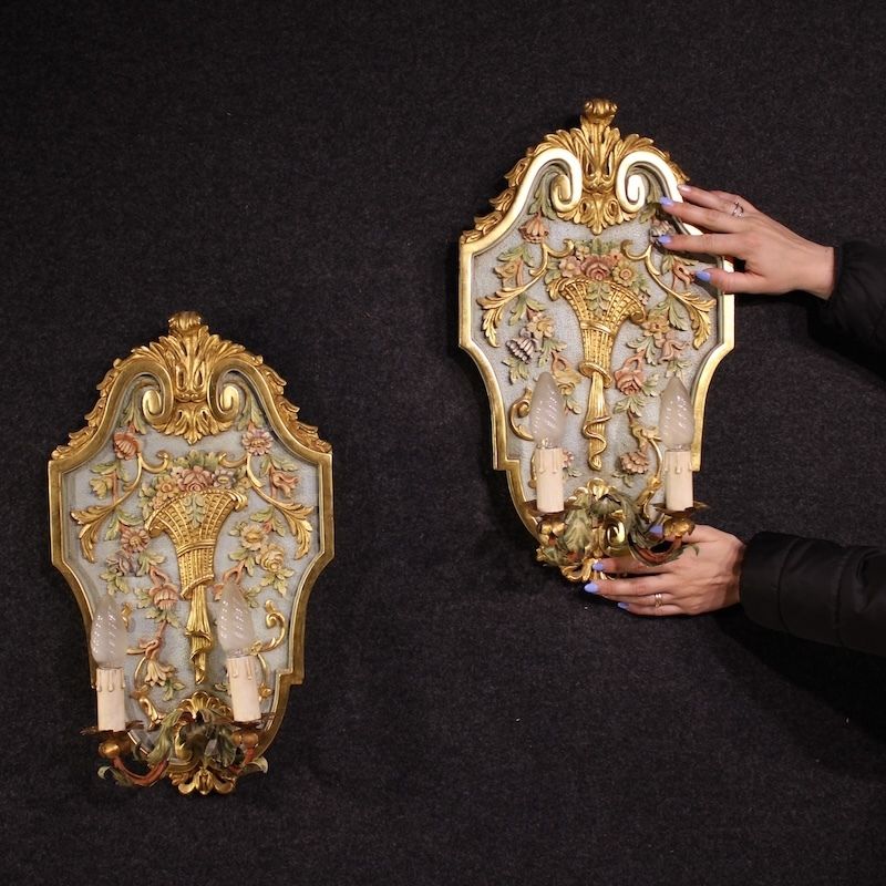 Pair Of Lacquered And Gilded Italian Louis XVI Style Wall Lamps photo for sale
