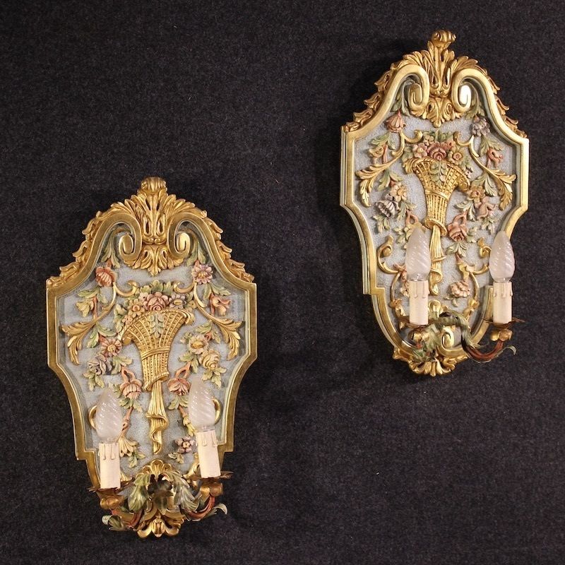 Pair Of Lacquered And Gilded Italian Louis XVI Style Wall Lamps