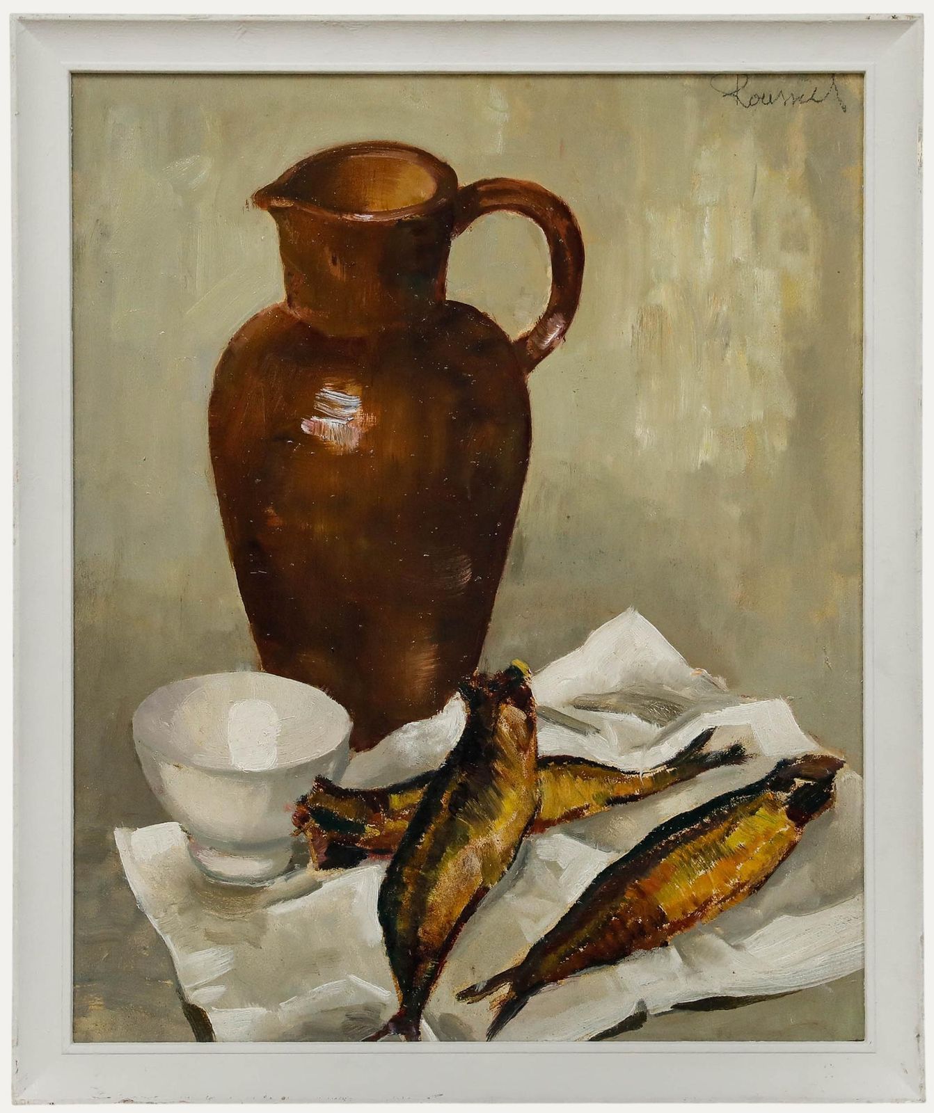 L. Roussiel (1913 1963)   Mid 20th Century Oil, Still Life With Jug And Fish
