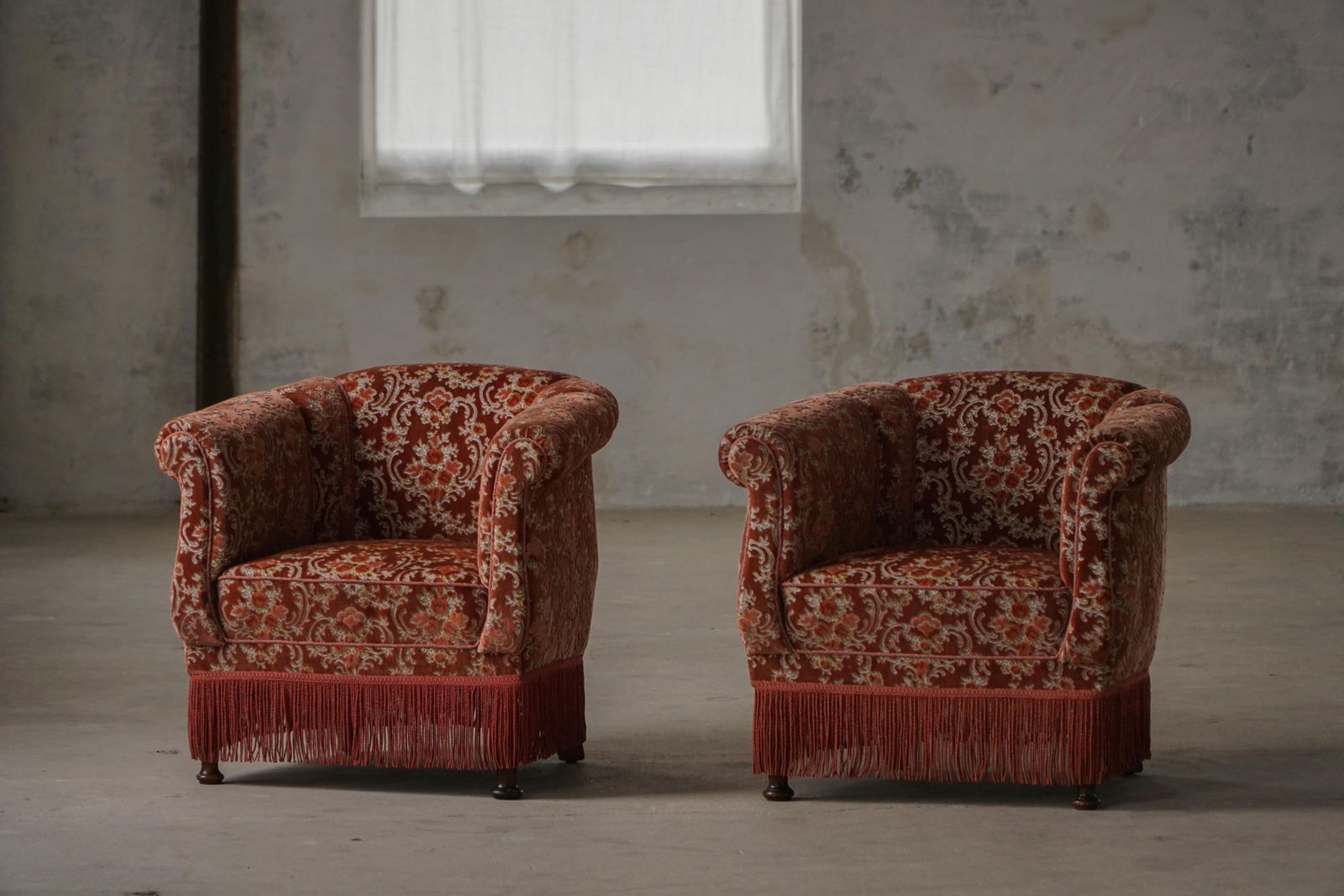 Furniture Pair Of Danish Modern Vintage Lounge / Club Chairs In Floral Upholstery, 1940s photo