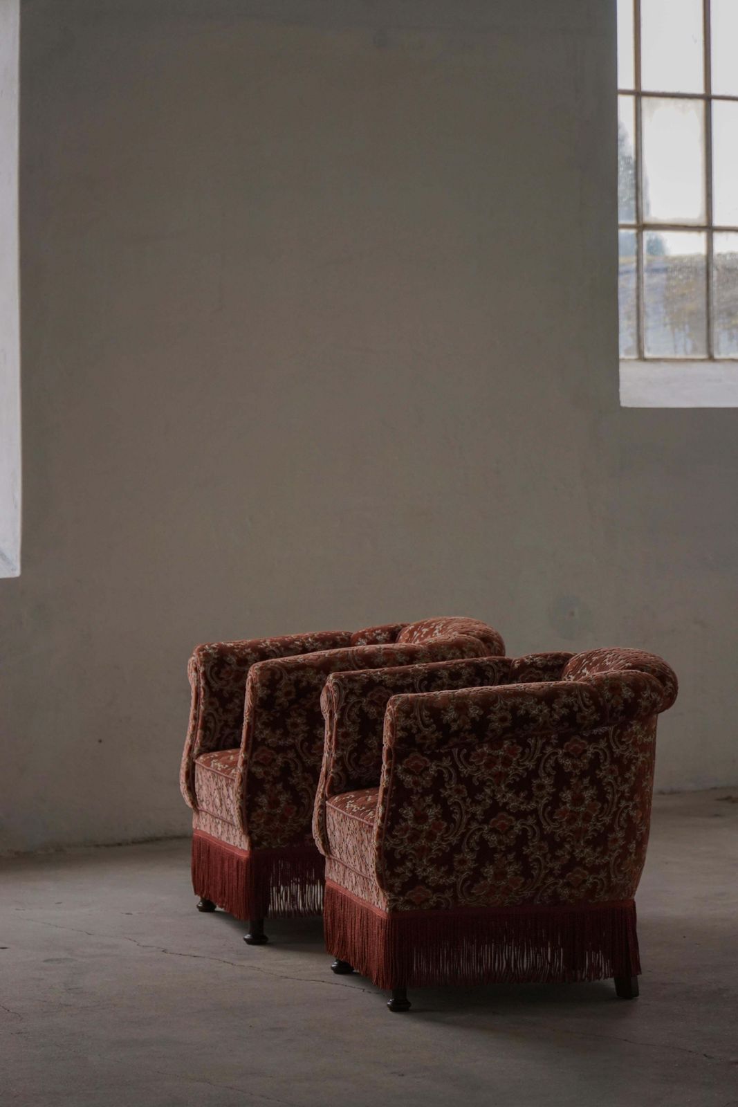 photo buy Pair Of Danish Modern Vintage Lounge / Club Chairs In Floral Upholstery, 1940s