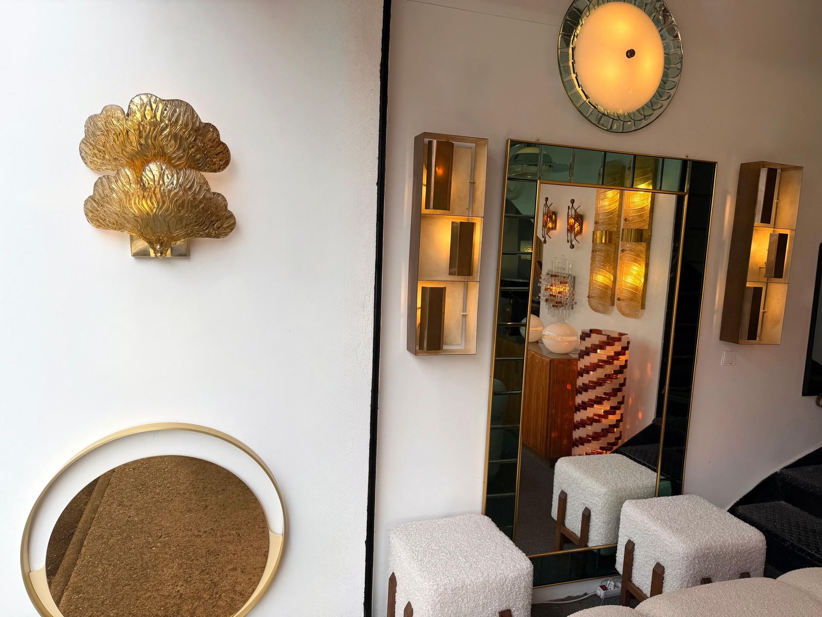 Contemporary Pair Of Brass And Gold Murano Glass Palm Sconces, Italy photo Lighting