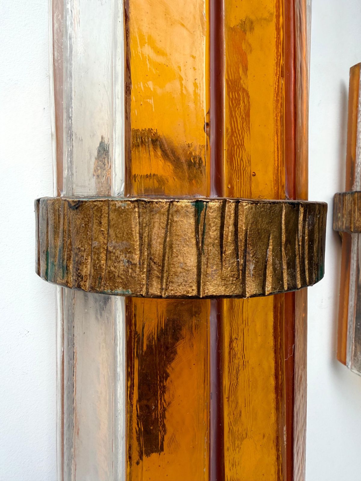 Pair Of Amber Glass Hammered Wrought Iron Sconces By Longobard, Italy, 1970s photo vinterior