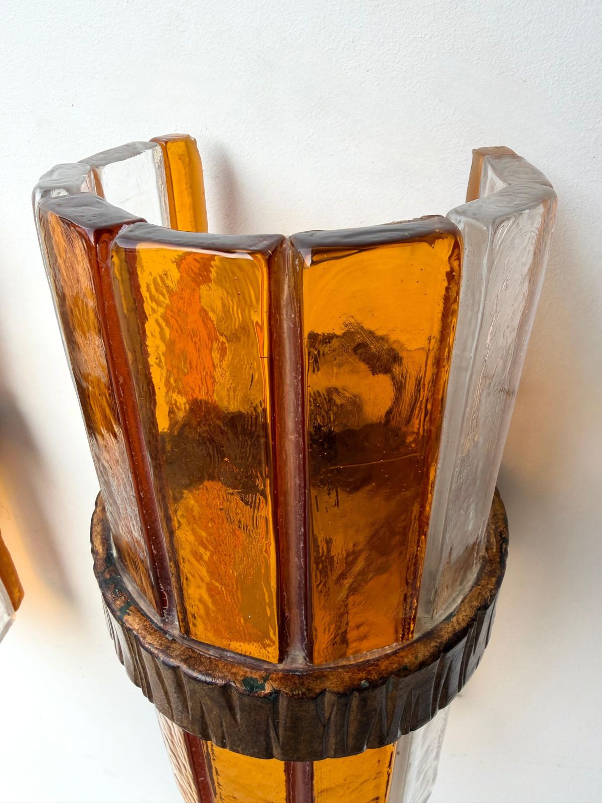 Pair Of Amber Glass Hammered Wrought Iron Sconces By Longobard, Italy, 1970s photo vintage