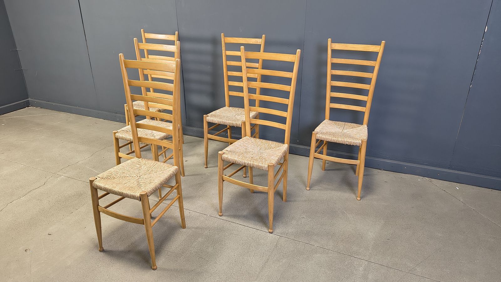 photo furniture Set Of 6 Beech Wood Italian Ladder Back Chairs, 1970s