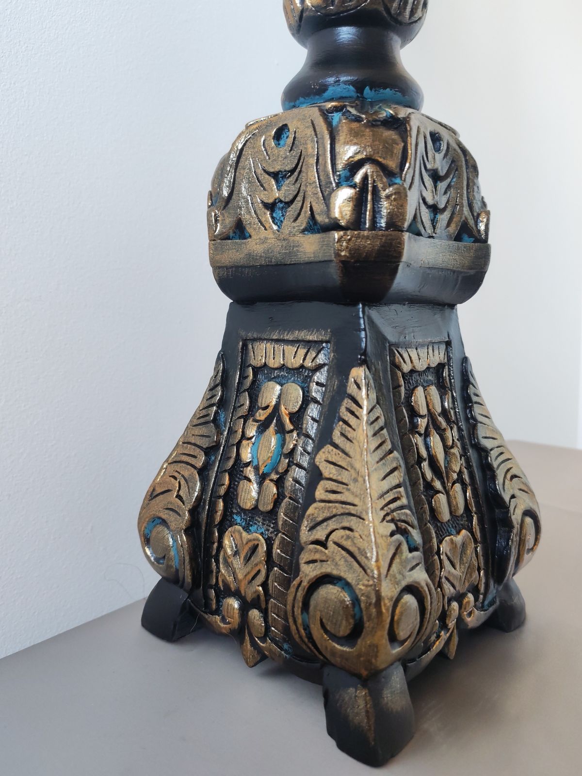 Tall 85cm Ornate Solid Wood Floor Candle Holder, Copper & Verdigris Patina, Upcycled photo furniture