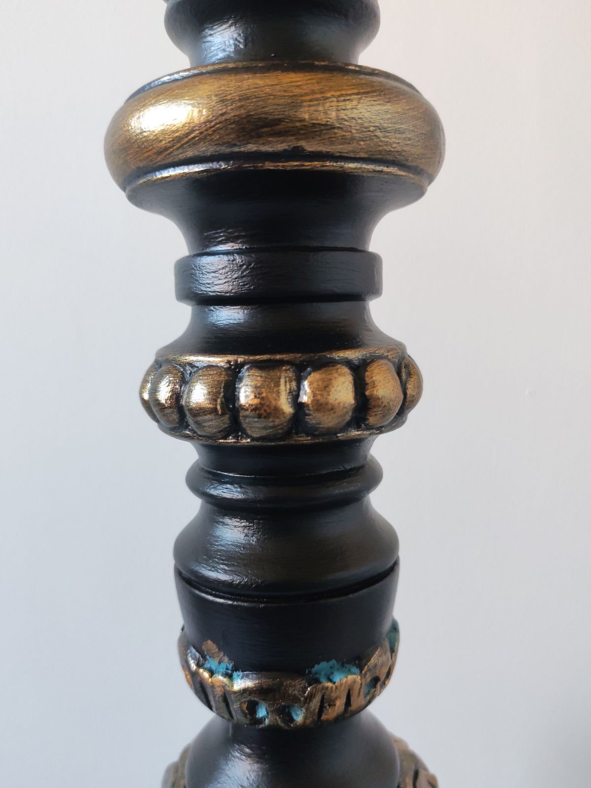 Tall 85cm Ornate Solid Wood Floor Candle Holder, Copper & Verdigris Patina, Upcycled photo vintage