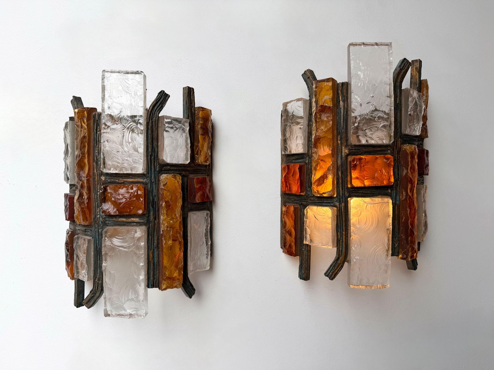 Pair Of Hammered Glass Wrought Iron Sconces By Longobard Italy 1970s photo 4351.0