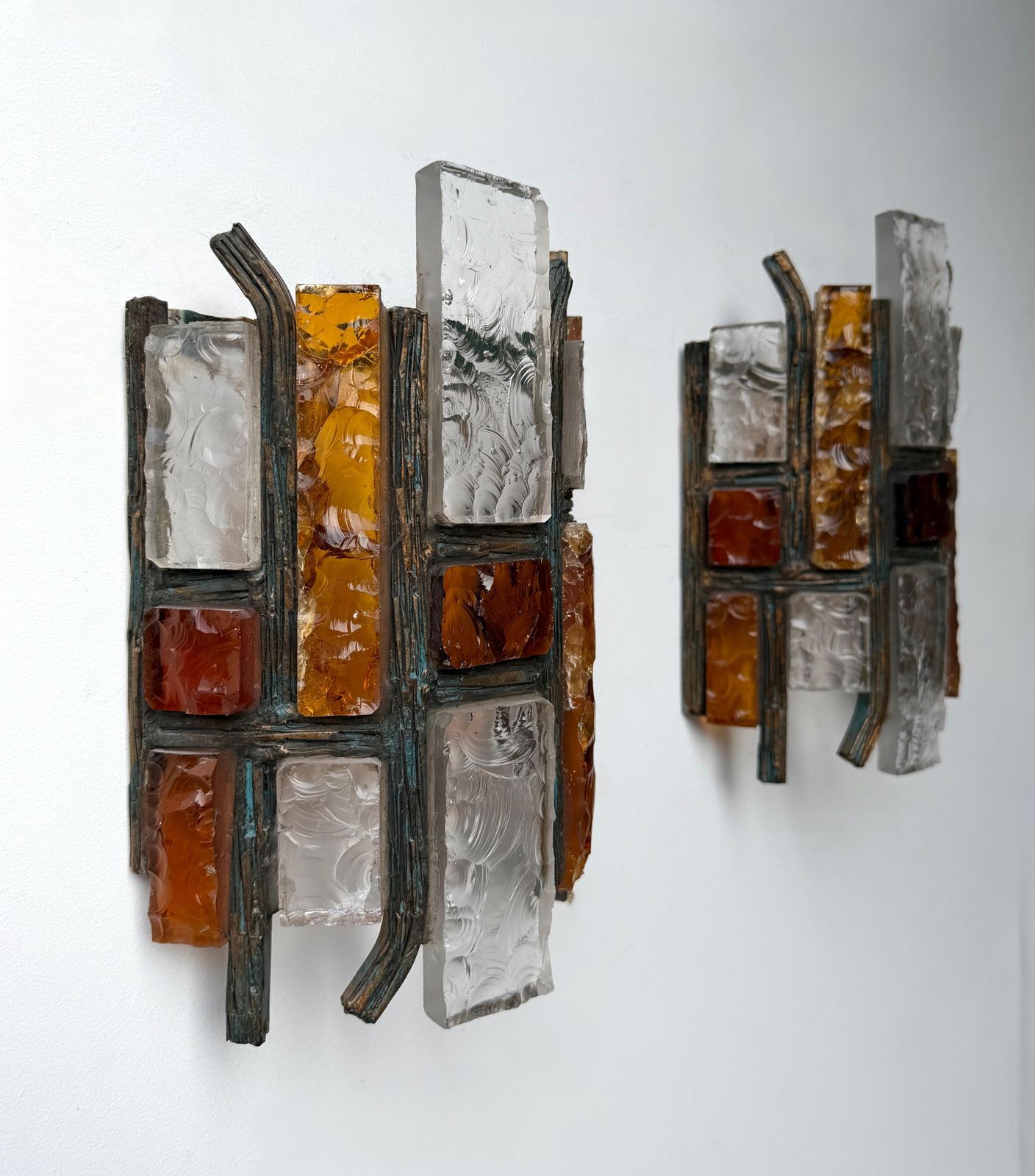 Pair Of Hammered Glass Wrought Iron Sconces By Longobard Italy 1970s photo buy