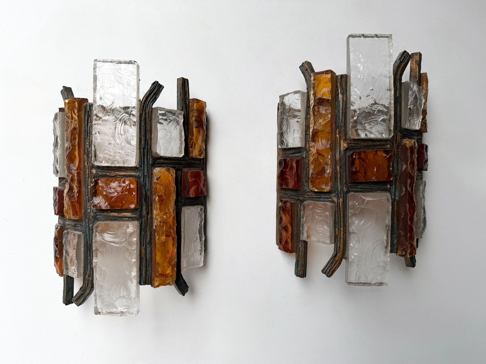 photo furniture Pair Of Hammered Glass Wrought Iron Sconces By Longobard Italy 1970s