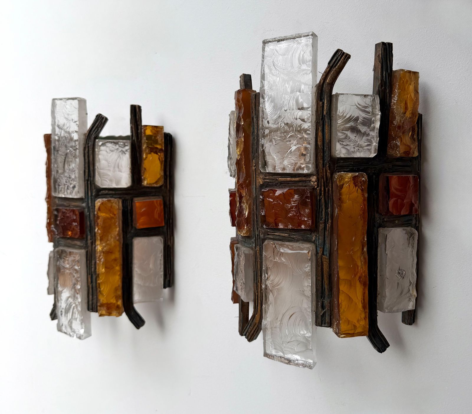 photo for sale Pair Of Hammered Glass Wrought Iron Sconces By Longobard Italy 1970s