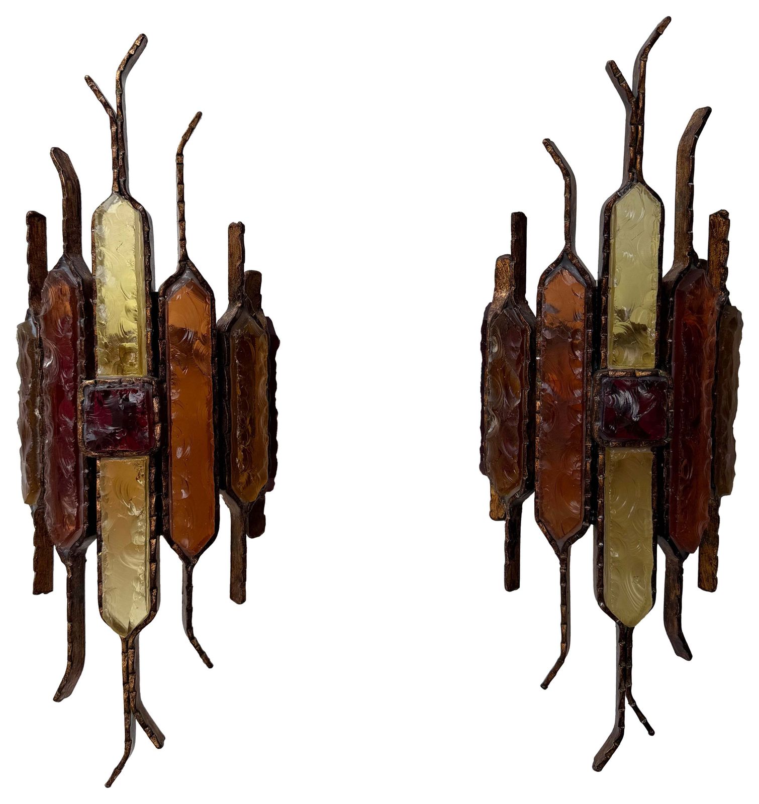 Pair Of Hammered Glass Wrought Iron Sconces By Longobard Italy 1970s