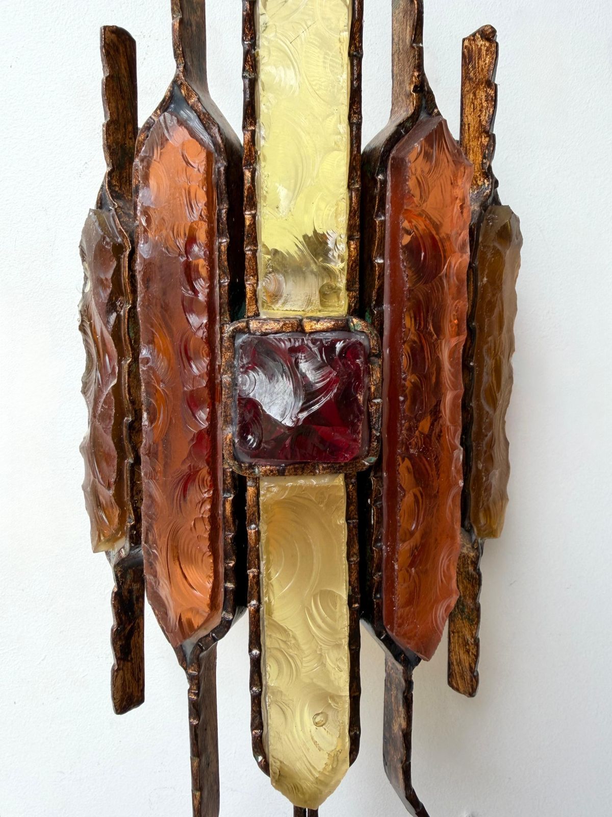 Pair Of Hammered Glass Wrought Iron Sconces By Longobard Italy 1970s photo vintage