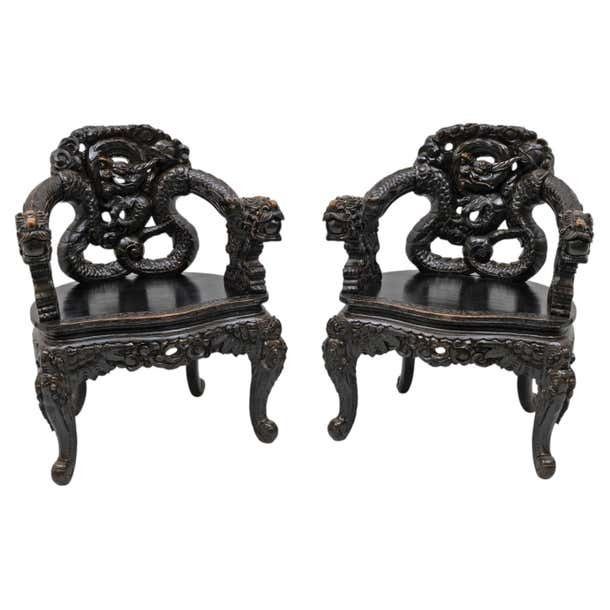 Pair Of Chinese Qing Dynasty Carved Dragon Armchairs, Ebonized Hardwood, 19th