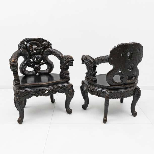 Pair Of Chinese Qing Dynasty Carved Dragon Armchairs, Ebonized Hardwood, 19th photo for sale