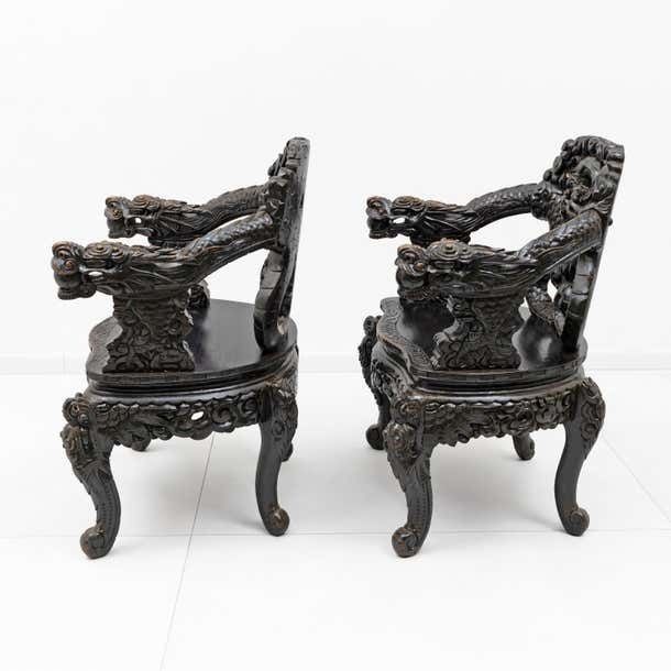 Pair Of Chinese Qing Dynasty Carved Dragon Armchairs, Ebonized Hardwood, 19th photo 4884.0