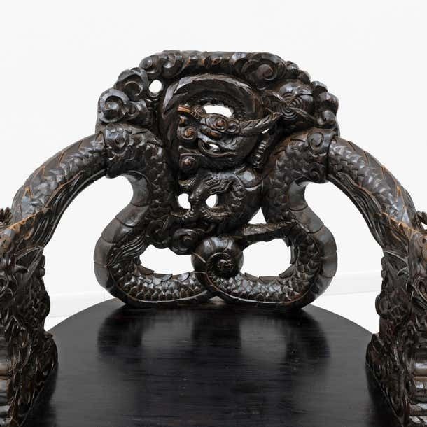 Furniture Pair Of Chinese Qing Dynasty Carved Dragon Armchairs, Ebonized Hardwood, 19th photo