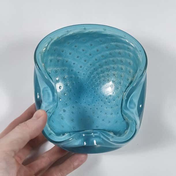 Murano Bullicante Glass Bowl By Alfredo Barbini, Pale Blue With Gold Polveri photo vinterior