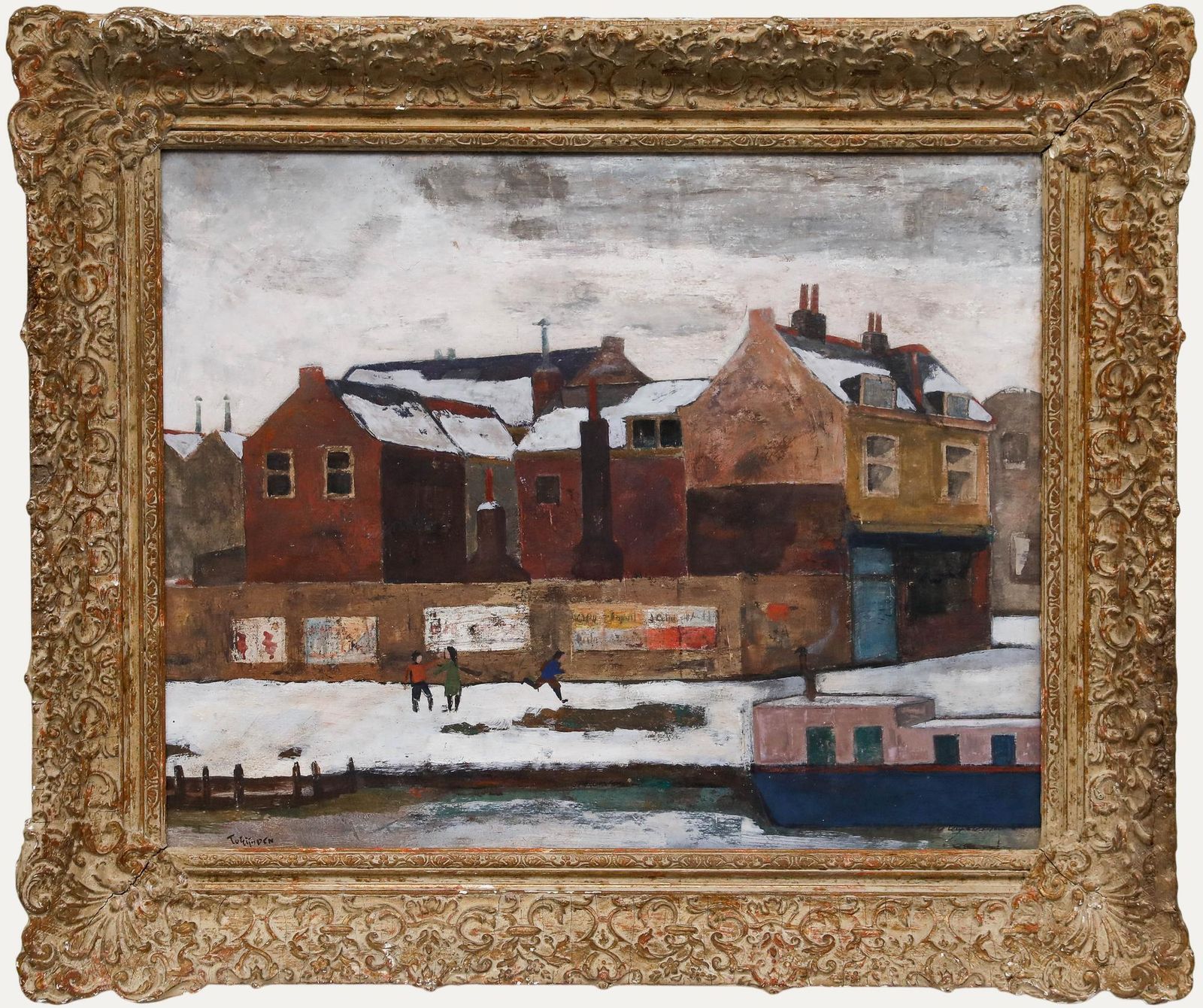 Tadeus Van Eijsden (1900 1980)   Framed Oil, Snow Day By The Canal