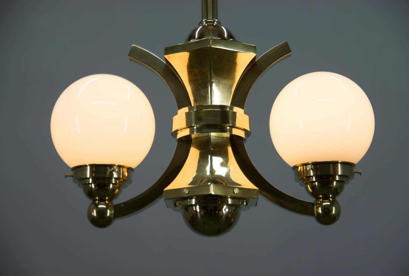 Art Deco Brass And Glass Chandelier By Gocar, 1910s, Restored photo Lighting