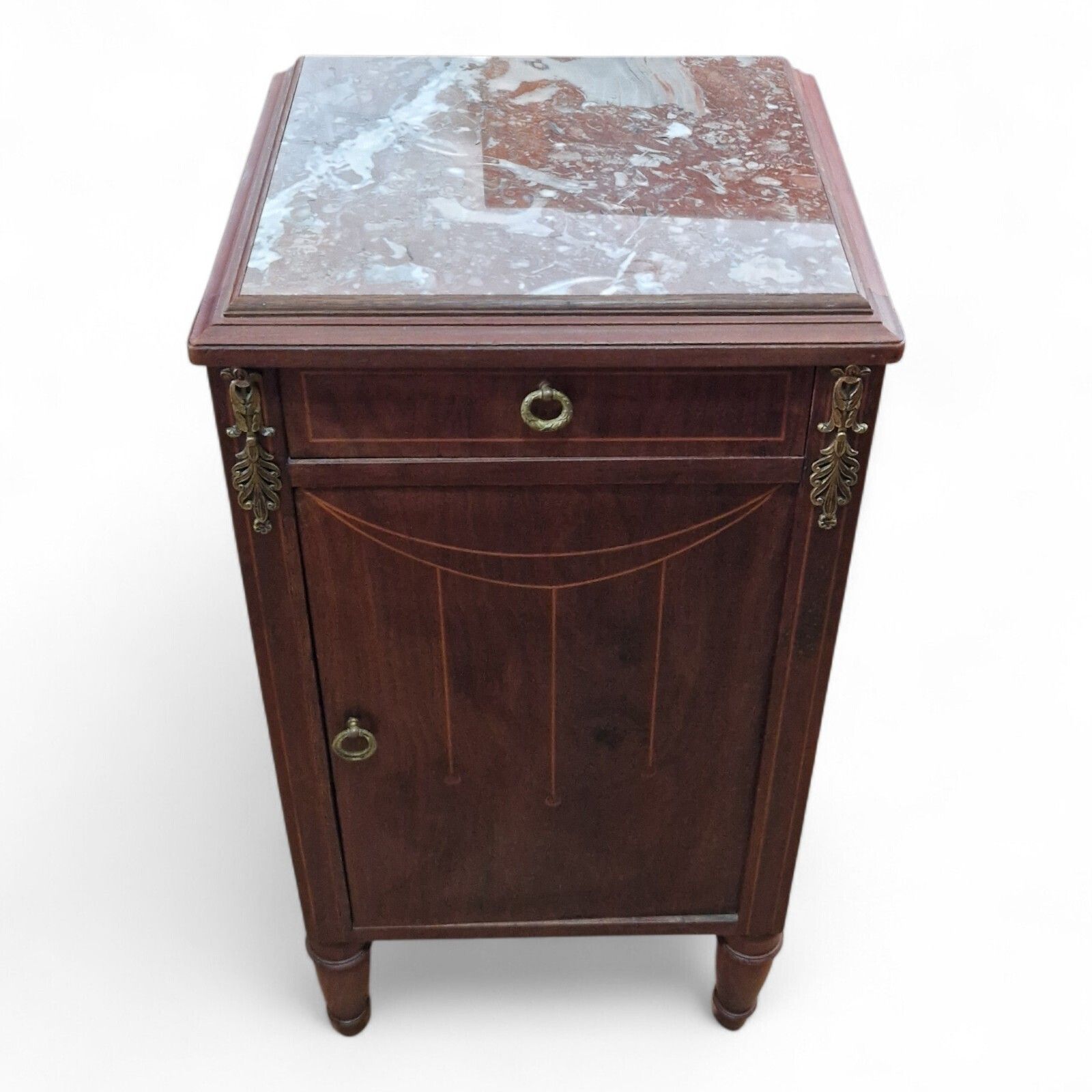 French Louis XVI Style Marble Top Bedside Cabinet Inlaid Ormolu Antique Style photo for sale