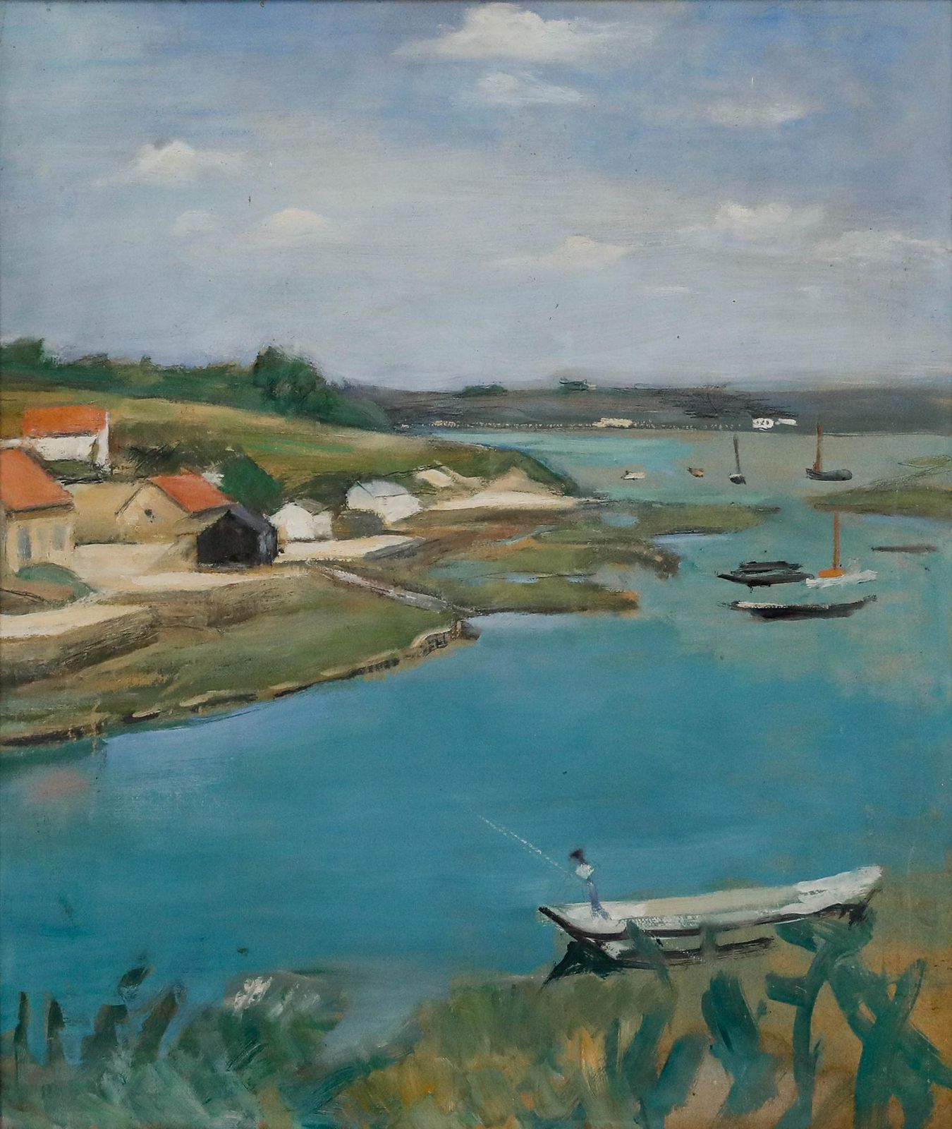 Cecile Hertz Eyrolles (1875 1974)   Mid 20th Century Oil, Summer By The Bay photo furniture