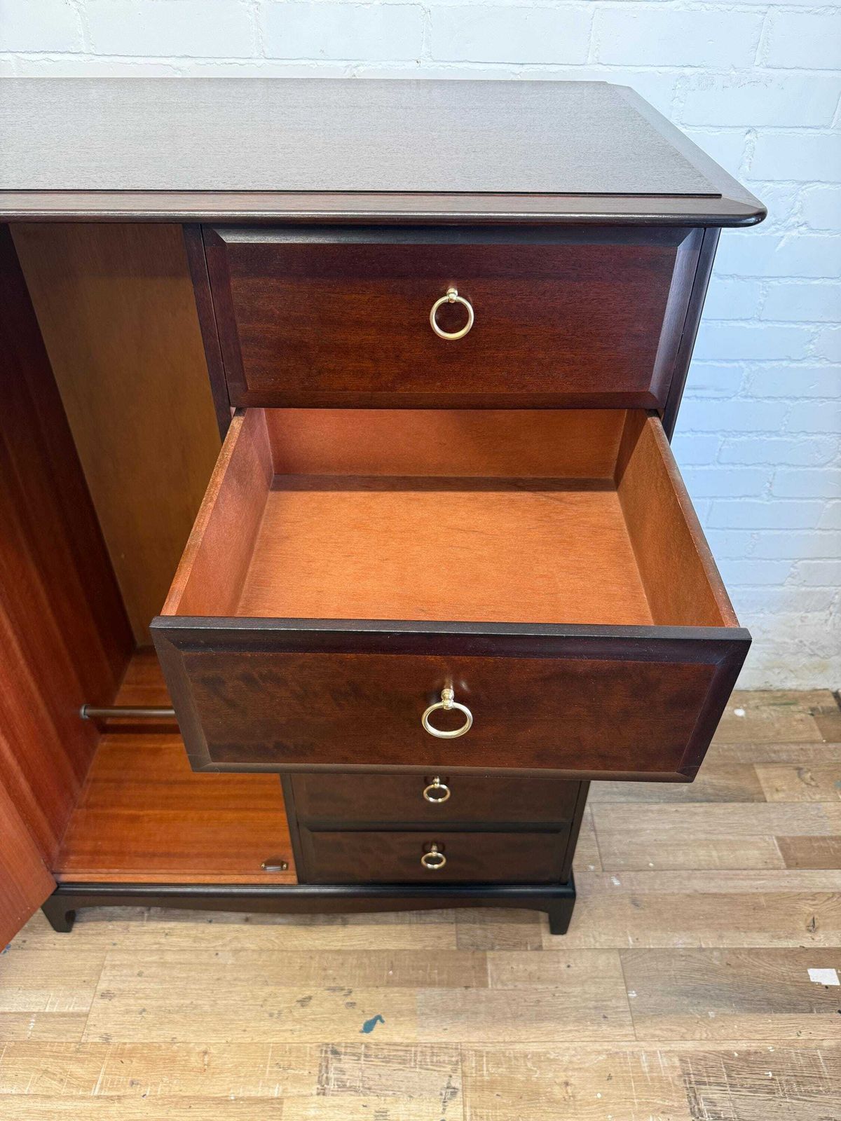 Furniture Stag Minstrel Wardrobe Chest – Mahogany Finish – Drawers & Hanging – Excellent Condition photo