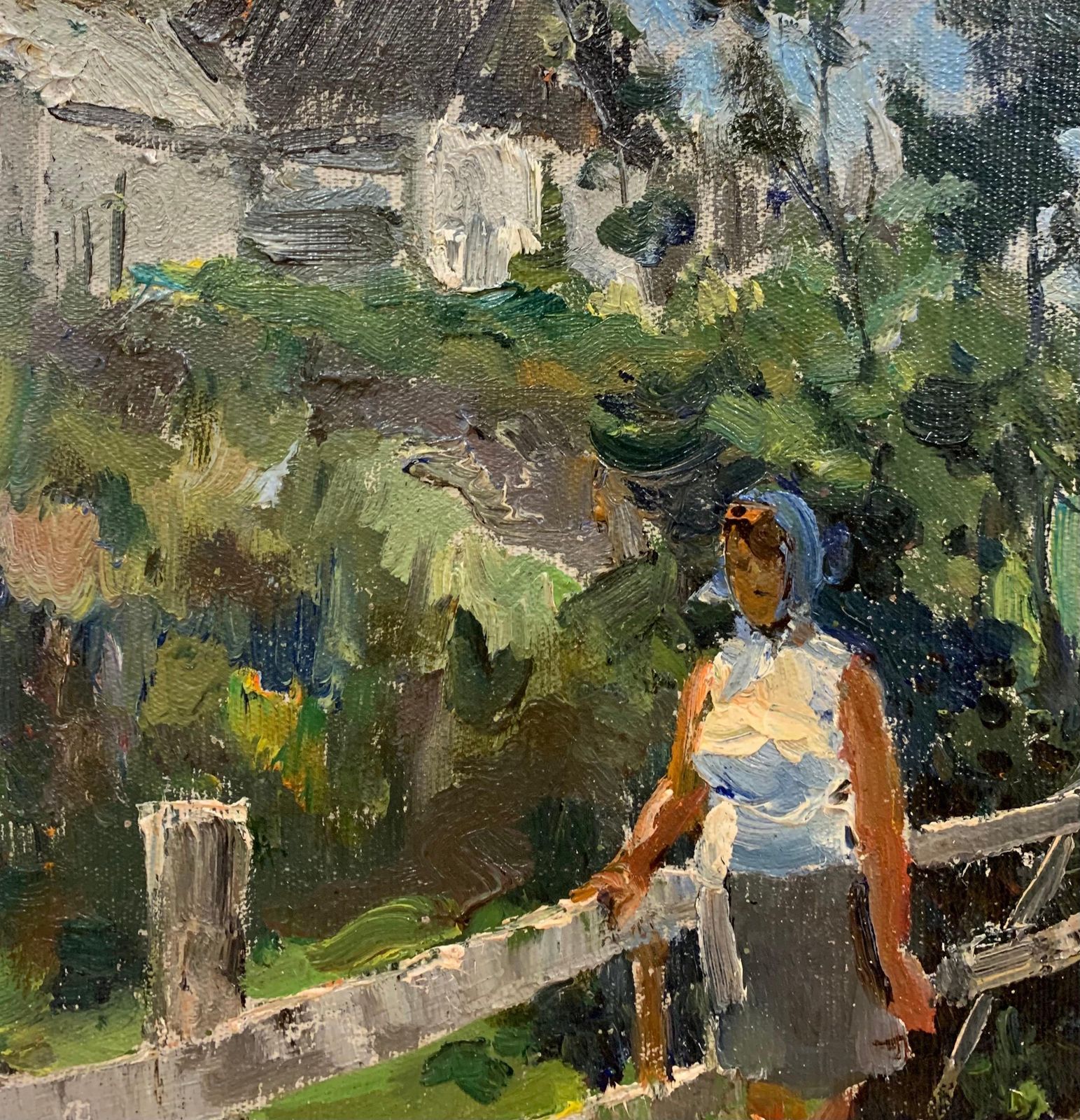 Leonid Vaichilia "Bridge Over The Brook"Woman, Countryside, Green Oil. photo Art