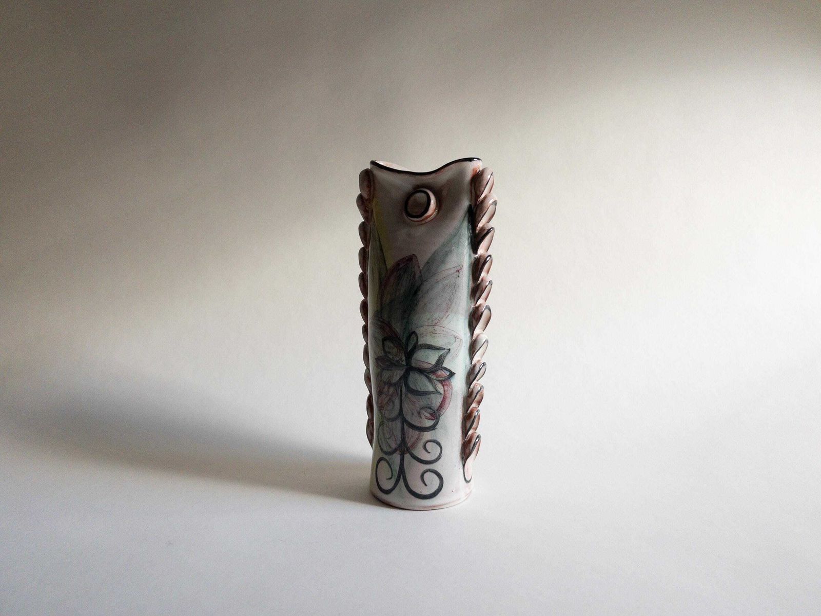 Home Decor Swiss Studio Pottery   Unique Handmade Vase   Frilled Floral Sculptural Vase   Signed photo