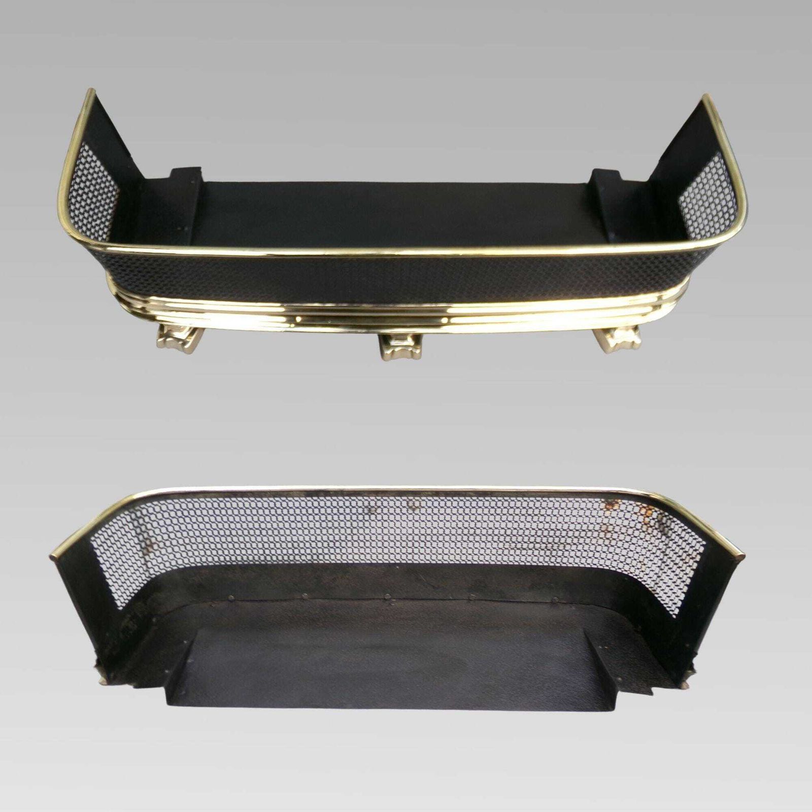 Antique 19th Century Polished Brass & Pierced Fireplace Fender, Club Lions Fire. photo furniture